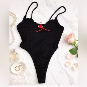 Vintage Juliara Black Teddy Bodysuit Rose Applique High Cut Size Small